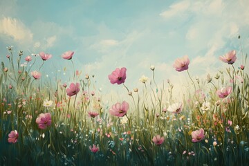 Obraz premium A Painted Meadow of Pink and White Wildflowers Under a Blue Sky