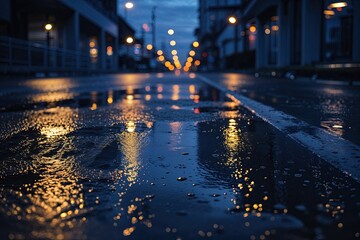 Twilight Reflections on Wet Pavement in Urban Landscape
