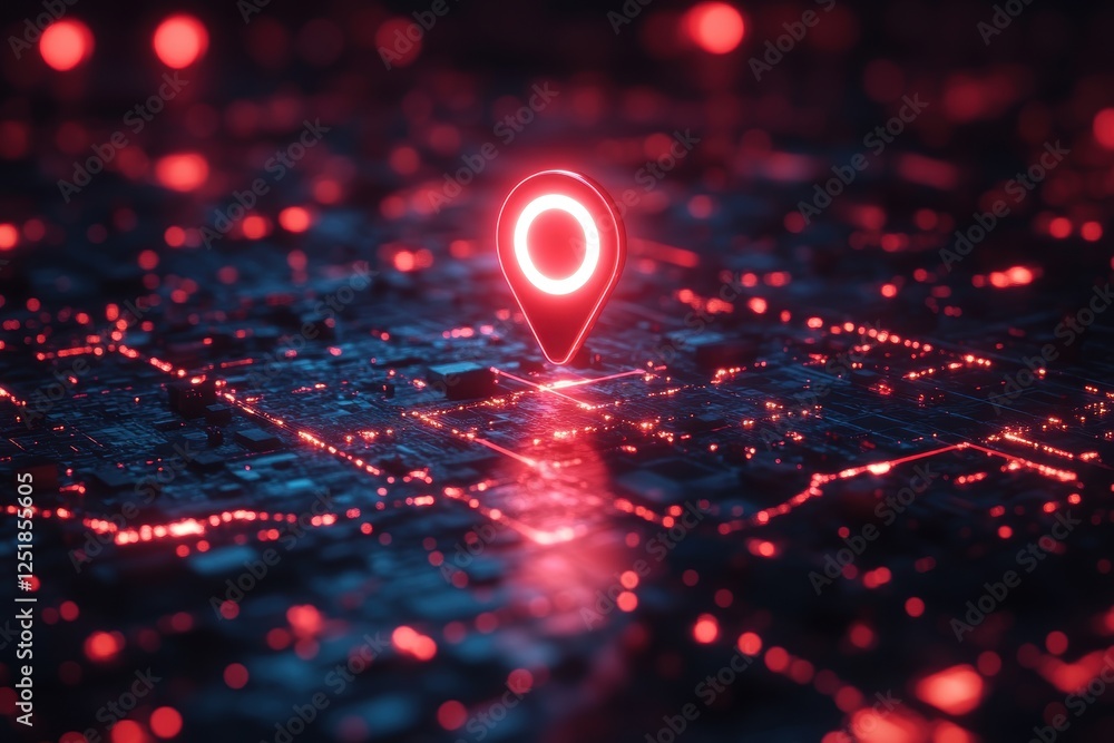 Poster digital map with a glowing location pin in a futuristic cityscape.