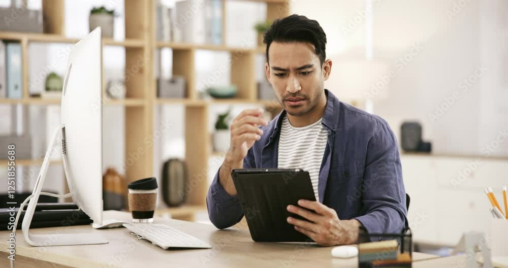 Fototapete Thinking, businessman at desk with computer and tablet for research for online article, review or problem solving. Brainstorming, website search and man in office working on tech business development