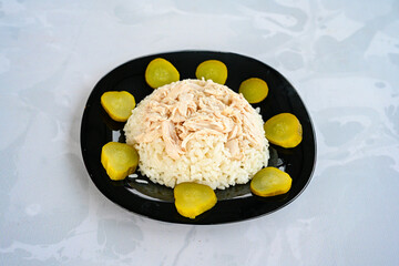 Traditional delicious Turkish food; Turkish style rice pilaf (Turkish name; Arpa sehriyeli. tavuk, kuru fasulyeli, pirinc pilavi). Cigerli, kavurmali, tereyagli nohut pilav.
