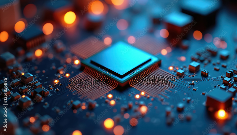 Aufkleber Close up view shows microchip on tech circuit board with glowing orange lights. Modern hi tech innovation photo displays computer hardware engineering components like semiconductors for design, print.