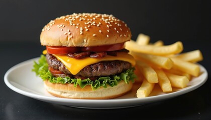 Juicy burger, french fries served on white plate against black background. Hamburger includes beef patty, cheese, bacon, tomatoes, lettuce between sesame seed bun halves. Delicious fast food meal,