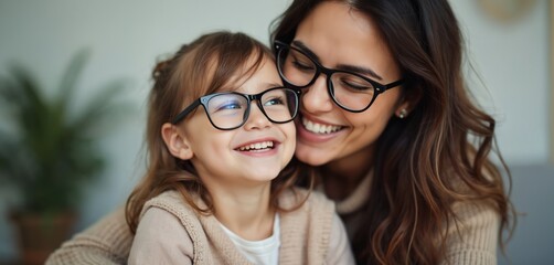Happy mother hugs daughter wearing eye glasses for vision correction. Child and woman smile. Family cares for eye health in clinic. Positive emotions during eye exam.