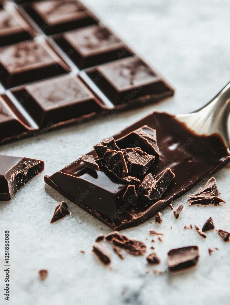 Poster delicious dark chocolate pieces arranged on a marble surface with a spoon and scattered shards addin