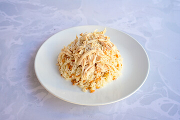 Traditional delicious Turkish food; Turkish style rice pilaf (Turkish name; Arpa sehriyeli. tavuk, kuru fasulyeli, pirinc pilavi). Cigerli, kavurmali, tereyagli nohut pilav.
