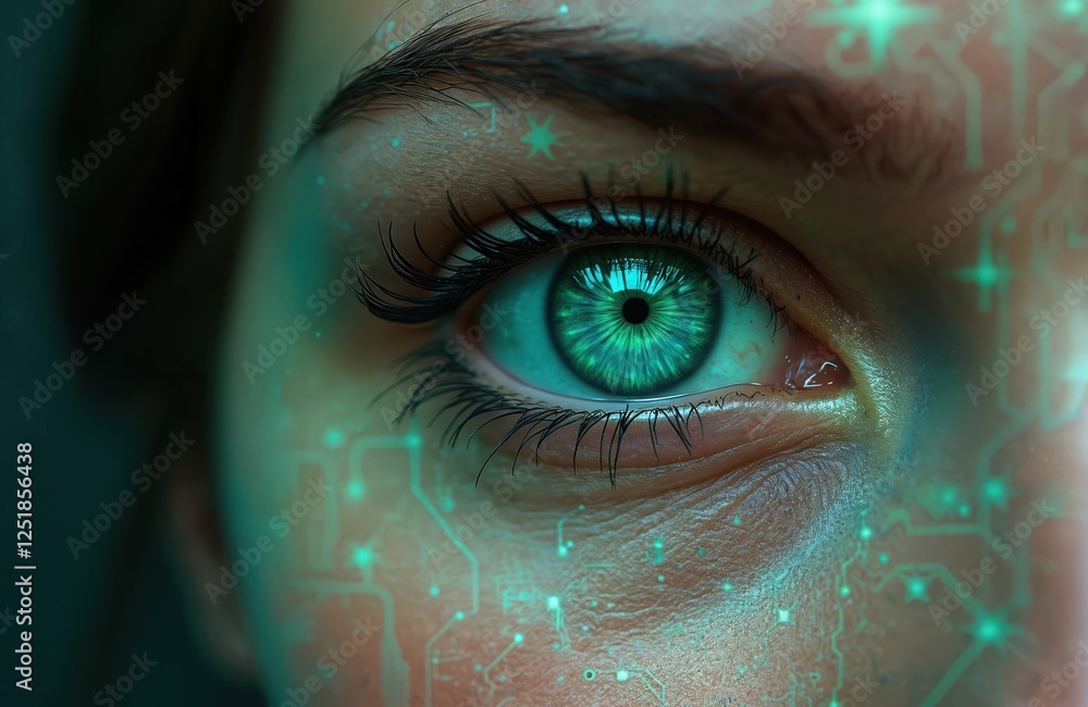 Aufkleber close-up of woman eye with digital futuristic interface, green iris. science system vision concept. 