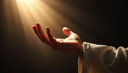 Outstretched hand reaches towards light, invitation. Embrace radiance, calming hearts in prayer. Spiritual photo inspires hope, faith, devotion, belief in God, divine, holy, blessings, peace,