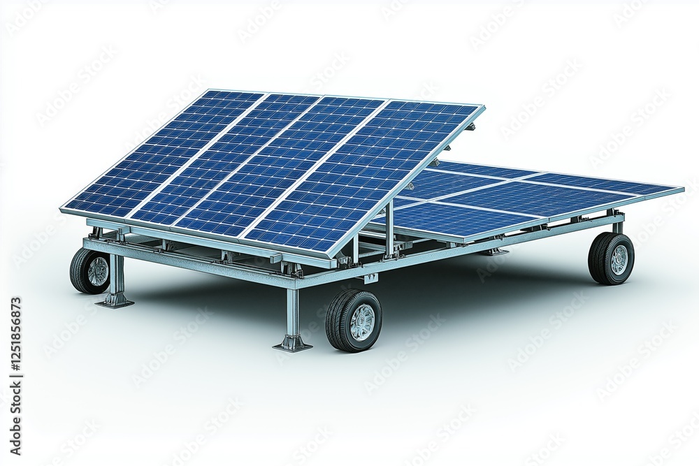 Poster portable solar panel system with adjustable tilting panels on wheels, showcasing innovative mobile r
