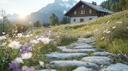 Mountain cabin path sunset wildflowers Alps travel
