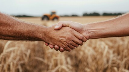 Two hands shake with tractors in the background, agreement collaboration, support in agriculture.