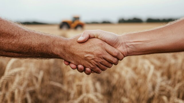 Two hands shake with tractors in the background, agreement collaboration, support in agriculture. - Powered by Adobe