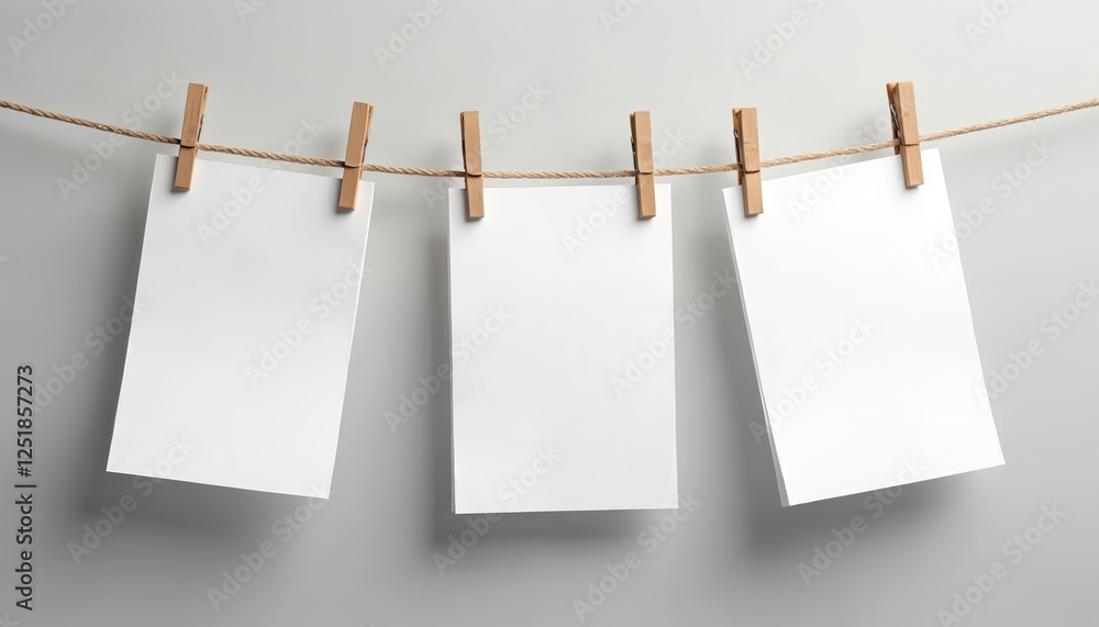 Poster three blank sheets hang from string with wooden pegs against neutral wall. mockup offers creative sp