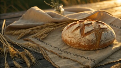 Rustic bread resting on a cloth with wheat, celebrating homemade goodness