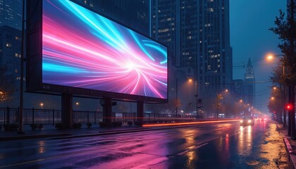 Night city street with billboard showing dynamic light streaks. Wet road with reflections. Urban tech scene. Digital advert innovation. Modern marketing. Interactive campaign on screen at dusk.