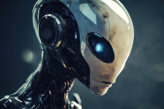 Close-up of a Metallic Alien with Blue Glowing Eye