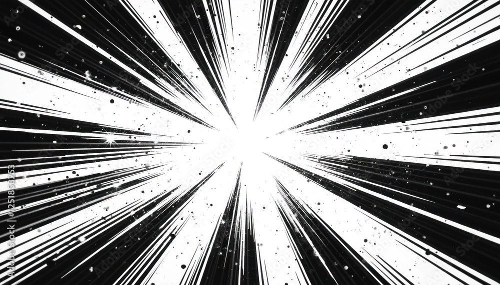 Aufkleber abstract sunburst background features black lines on white. ray burst effect evokes energy. comic st