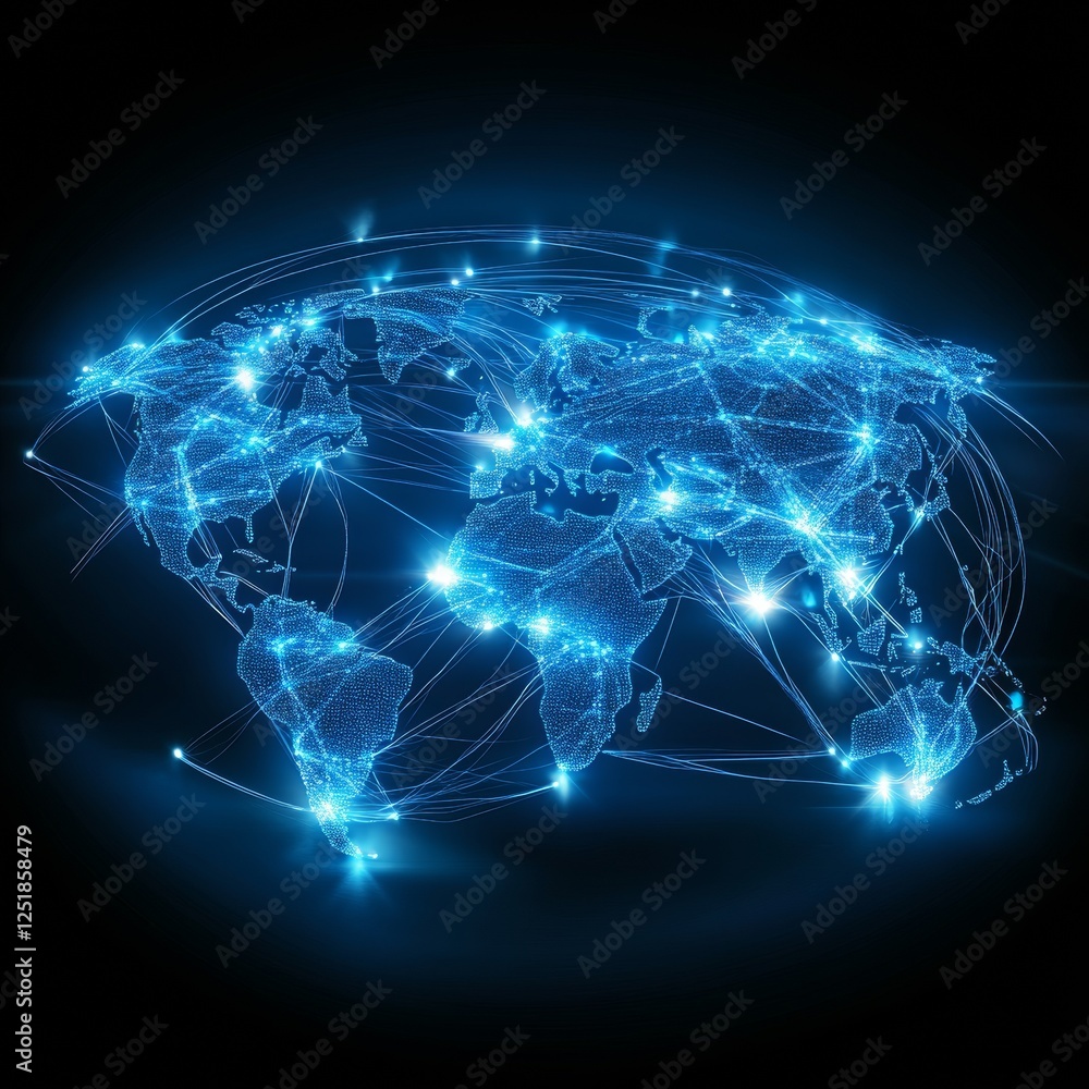 Poster digital world map with glowing connections representing global networks