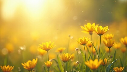 Spring nature illustration. Yellow flowers on abstract bright backdrop. Spring season, 8 March, Women Day concept. Floral card design, floral template. Mother day idea, romantic inspiration.