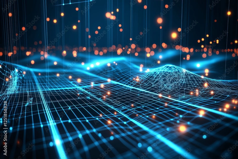 Poster Futuristic abstract digital network with glowing dots and data visualization, symbolizing artificial intelligence, data transfer, and online security, Generative AI