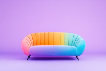 Rainbow-Colored Sofa with Sleek Design Set Against a Soft Purple Background, Exuding Playfulness and Modernity
