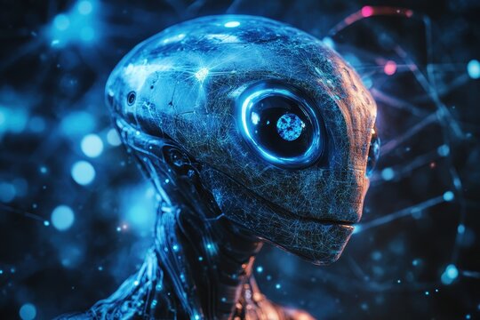 Close-up of a Cyborg's Face with Glowing Blue Eye and Networked Skin