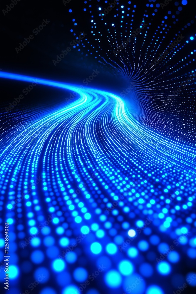 Poster futuristic digital light pathway with glowing blue dots, representing speed, data transfer, and high