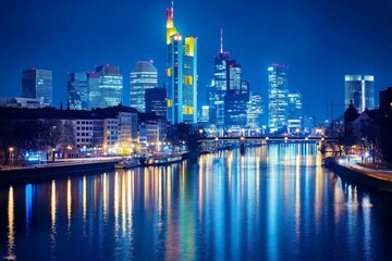 Fototapeta premium Modern city skyline at night with glowing reflections on the water, representing urban development, finance, and vibrant nightlife, Generative AI