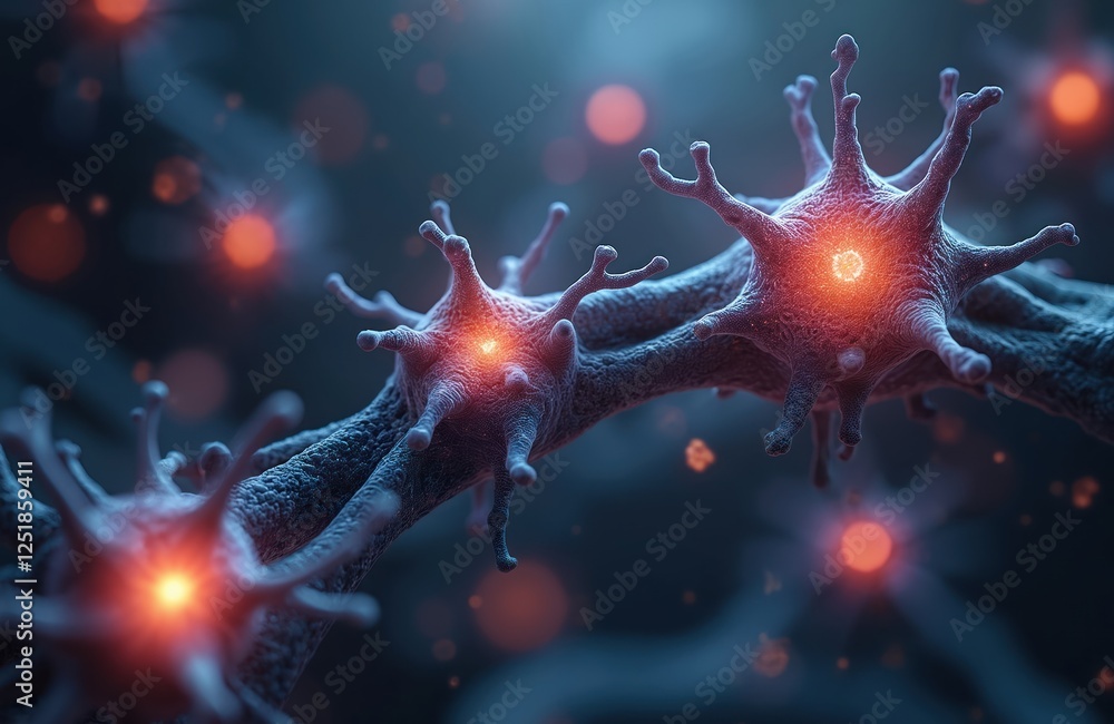 Aufkleber Close-up of interconnected neuron cells with glowing nucleus. Neural network signal transfer with impulse. Human neurology brain activity, mind and mental state research concept. Microbiology science.