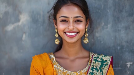 Fototapeta premium A woman wearing a yellow and green sari is smiling