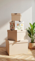 Stack of Boxes Mockup in a Bright Room with a Decorative Plant