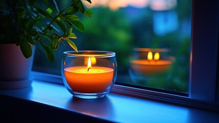 Windowsill candlelight, evening glow, plant, reflection, tranquility