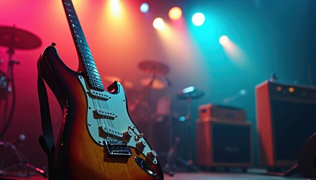 Electric guitar stands on stage with colorful lights and drum set. Amps complete gear for rock concert music performance. Instrument ready for live show in studio.
