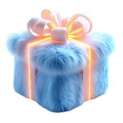 Fluffy 3D Cartoon Gift Box with Glowing Ribbons Isolated on Transparent Background