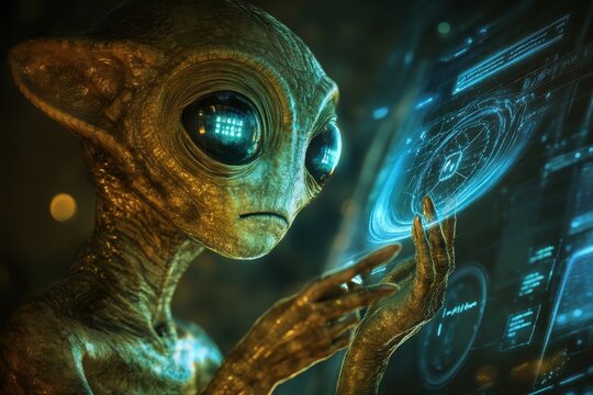 An alien with large eyes interacts with a glowing digital interface.