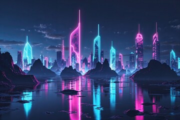 Fototapeta premium Neon Skyline Digital Abstract Technology Wallpaper for Gaming Aesthetic