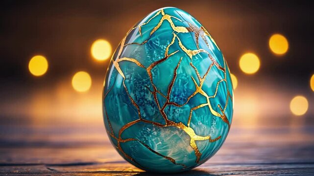 Elegant kintsugi egg with golden cracks on a warm bokeh background. Happy Easter