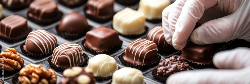 Poster artisan chocolatier creating gourmet chocolate confections in workshop with focus on quality and cra