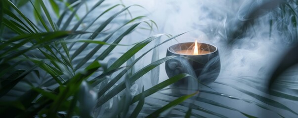 candle on palm leaves background.