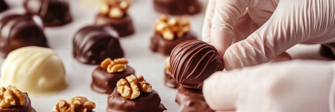 Artisan chocolatier prepares assorted handmade chocolates with nuts in a sweets shop during afternoon hours. Generative AI - Powered by Adobe