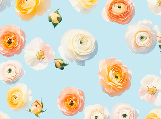 A seamless pattern of vibrant ranunculus flowers in shades of pink, orange, and white on a light blue background.