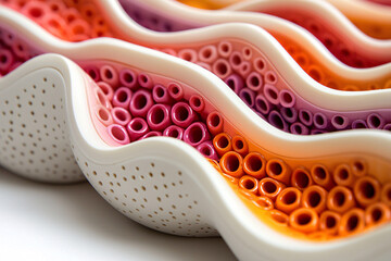 Obraz premium Wavy, layered structures with colorful interiors, featuring patterns of small, round openings, and a smooth white exterior.