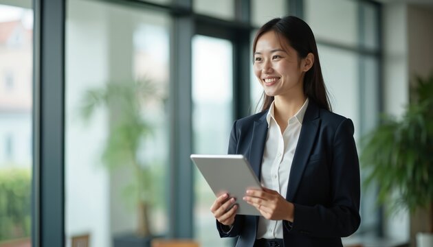 Smiling asian businesswoman stands in office holding tablet device. Female manager looks outside. Modern workspace, bright interior create positive work. Young lady in suit plans project.