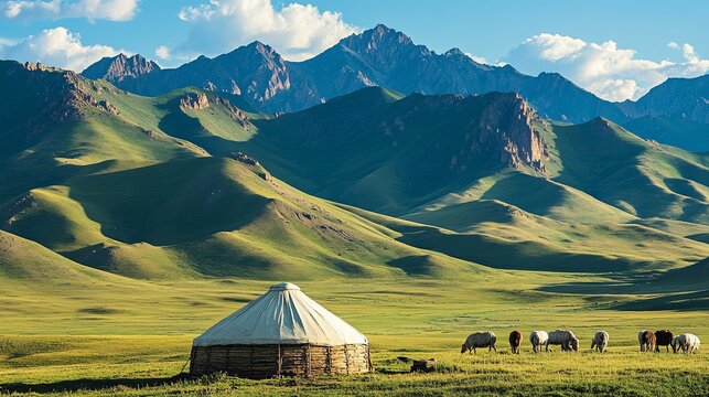 Majestic mountain landscape with traditional yurt kyrgyzstan nature photography serene environment panoramic view cultural heritage