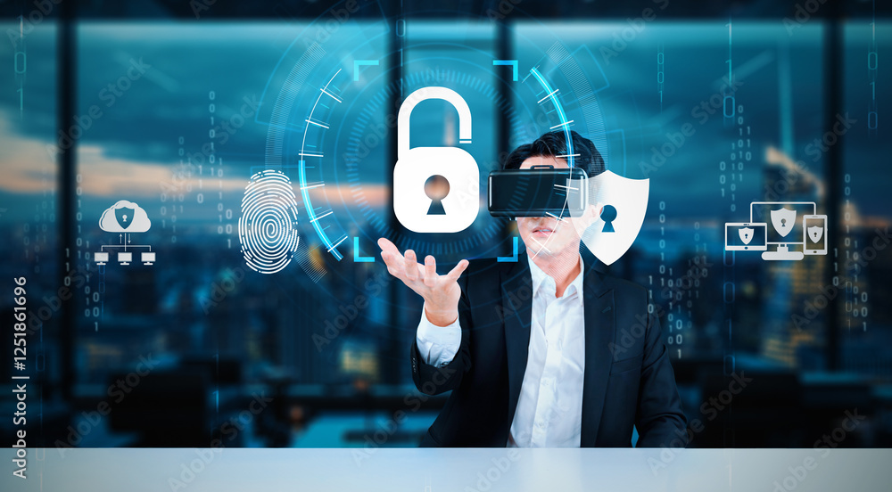 Poster smart business man with goggles working while using security protection. manager with formal suit ch
