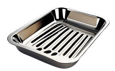 A stylish stainless steel soap dish with drainage slots on a empty plain background