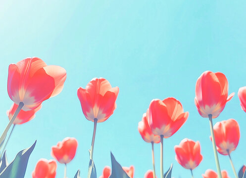 Bright red tulips blooming under a clear blue sky, viewed from below.