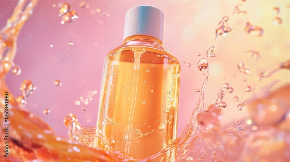 Poster hydrating face mist bottle surrounded by splashes of water, creating refreshing atmosphere.
