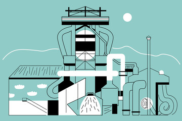 graphic abstract composition urban factory in retro futurism style. Illustration for web site sticker banner cover design postcard poster print invitation background backdrop wallpaper