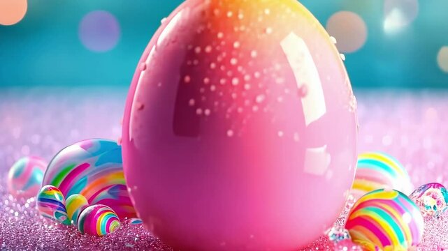 Vibrant pink easter egg with colorful candy on glittery surface. Happy Easter